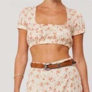 RESA Beige Pink Floral Cropped Short Sleeve Blouse XS